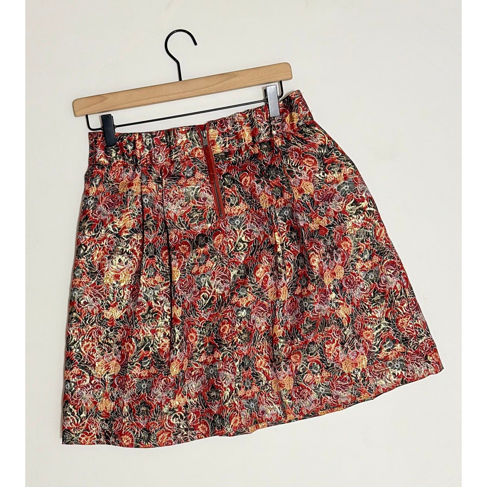 Anthropologie MAEVE Rosie Floral Skirt Pleated Metallic Brocade Pockets Small