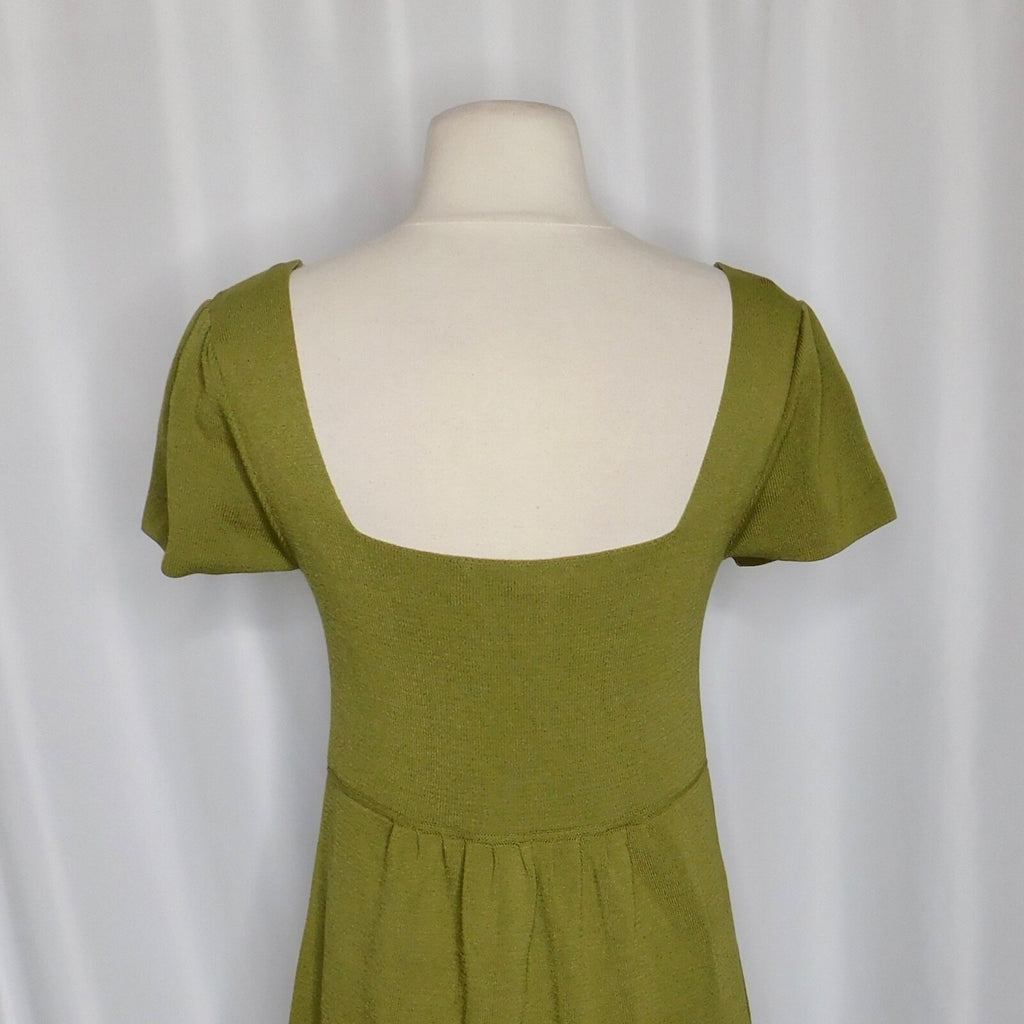 ZARA Squared Mini Babydoll Dress Puff Sleeves Solid Olive Green Knit Small