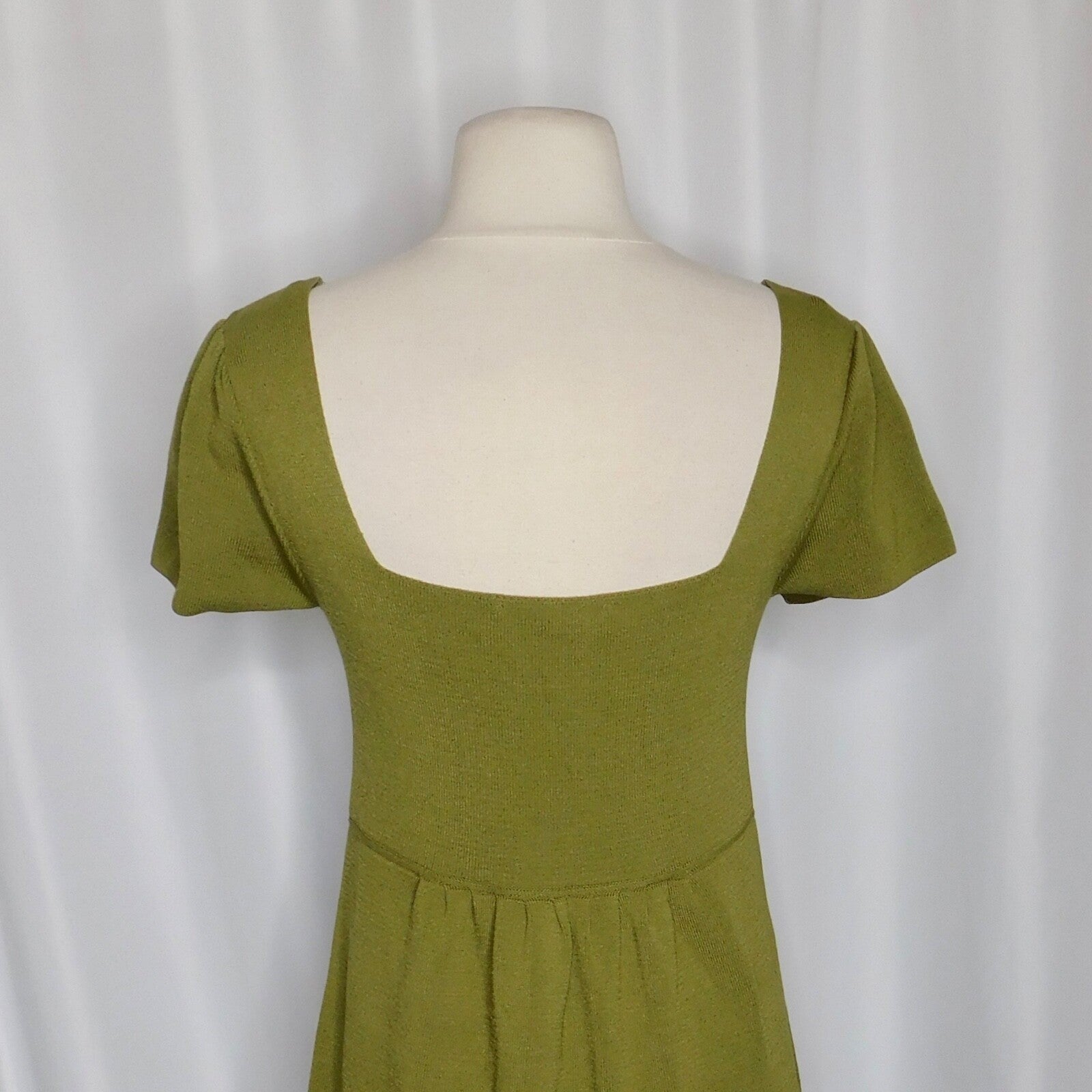 ZARA Squared Mini Babydoll Dress Puff Sleeves Solid Olive Green Knit Small