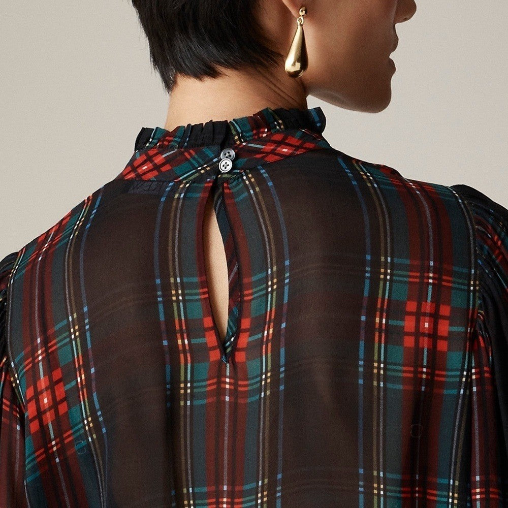 NWT! J. CREW Ruffleneck Top Stewart Tartan Plaid Chiffon Festive Preppy XX-Small