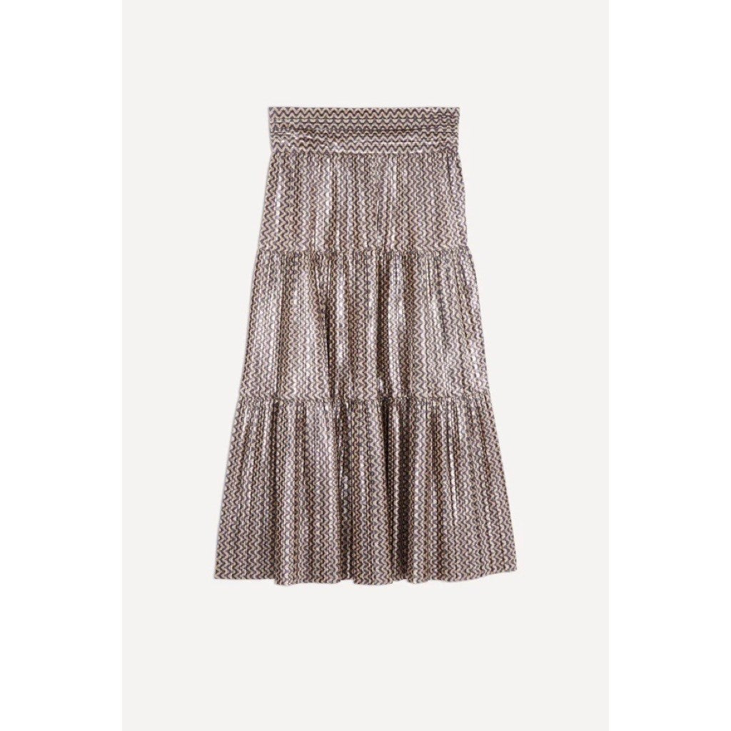 BA&SH Pleated Jupe Poly Midi Skirt Chevron Stripe Foil Metallic Tiered Size 6