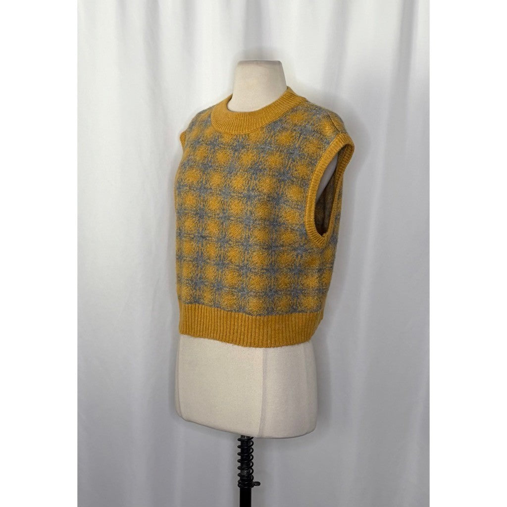 ZARA Chunky Wool Sweater Vest Plaid Star Pattern Yellow Gray Academia Small