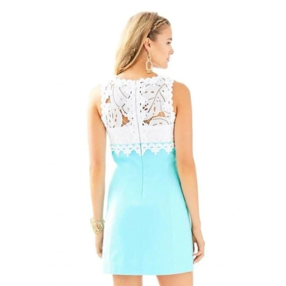 LILLY PULITZER Sandi Shift Dress Seasalt Blue White Lace Mini Preppy Size 4