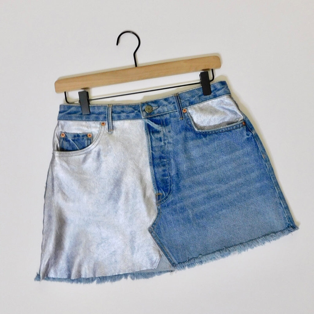 GRLFRND Girlfriend Milla Metallic Panel Denim Silver Mini Skirt Two Face Size 28