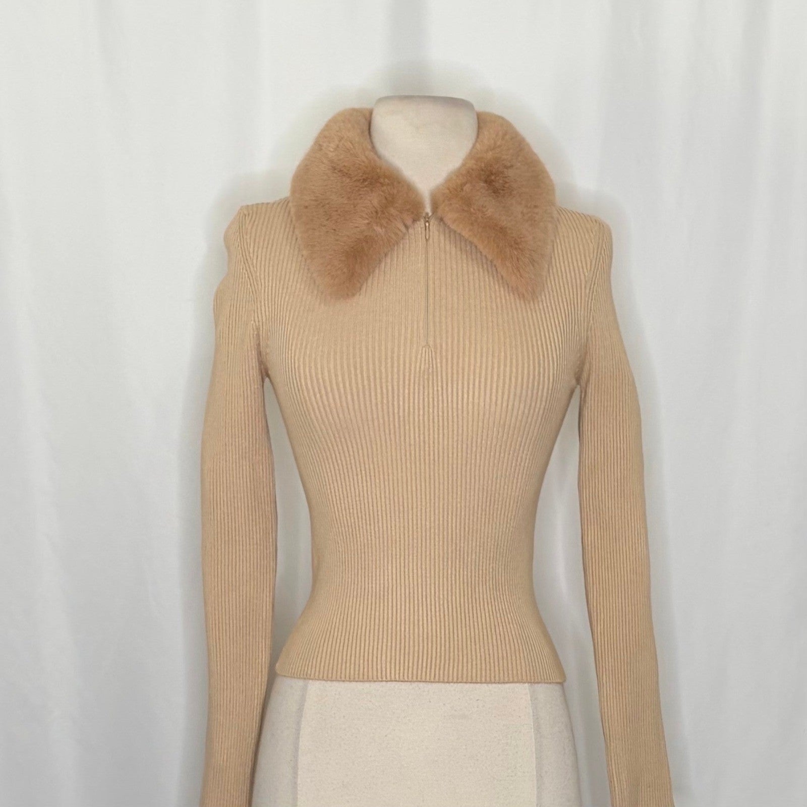 NWT!! ZARA Faux Fur Lapel Knit Sweater Tan Light Brown Zipper Pullover Small