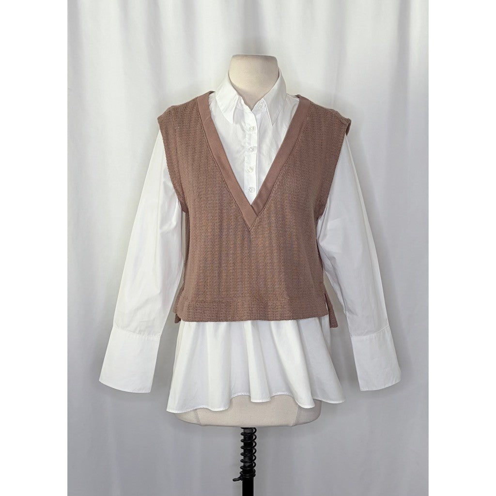 By ANTHROPOLOGIE Twofer Sweater Vest Shirt Blouse Layered Brown White X-Small