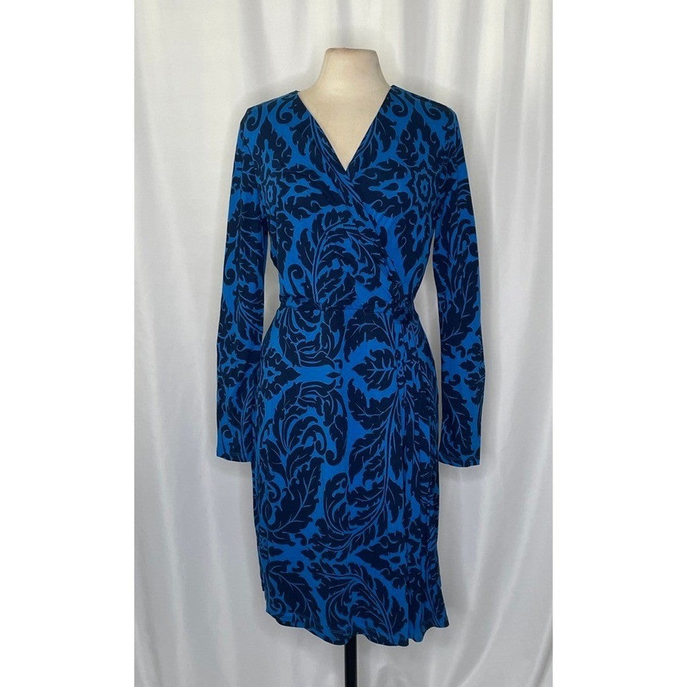 BODEN Henrietta Faux Wrap Day Dress Navy Royal Blue Scroll Print Size 12