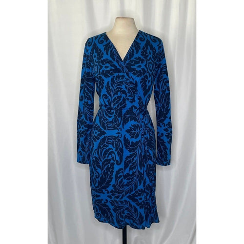BODEN Henrietta Faux Wrap Day Dress Navy Royal Blue Scroll Print Size 12