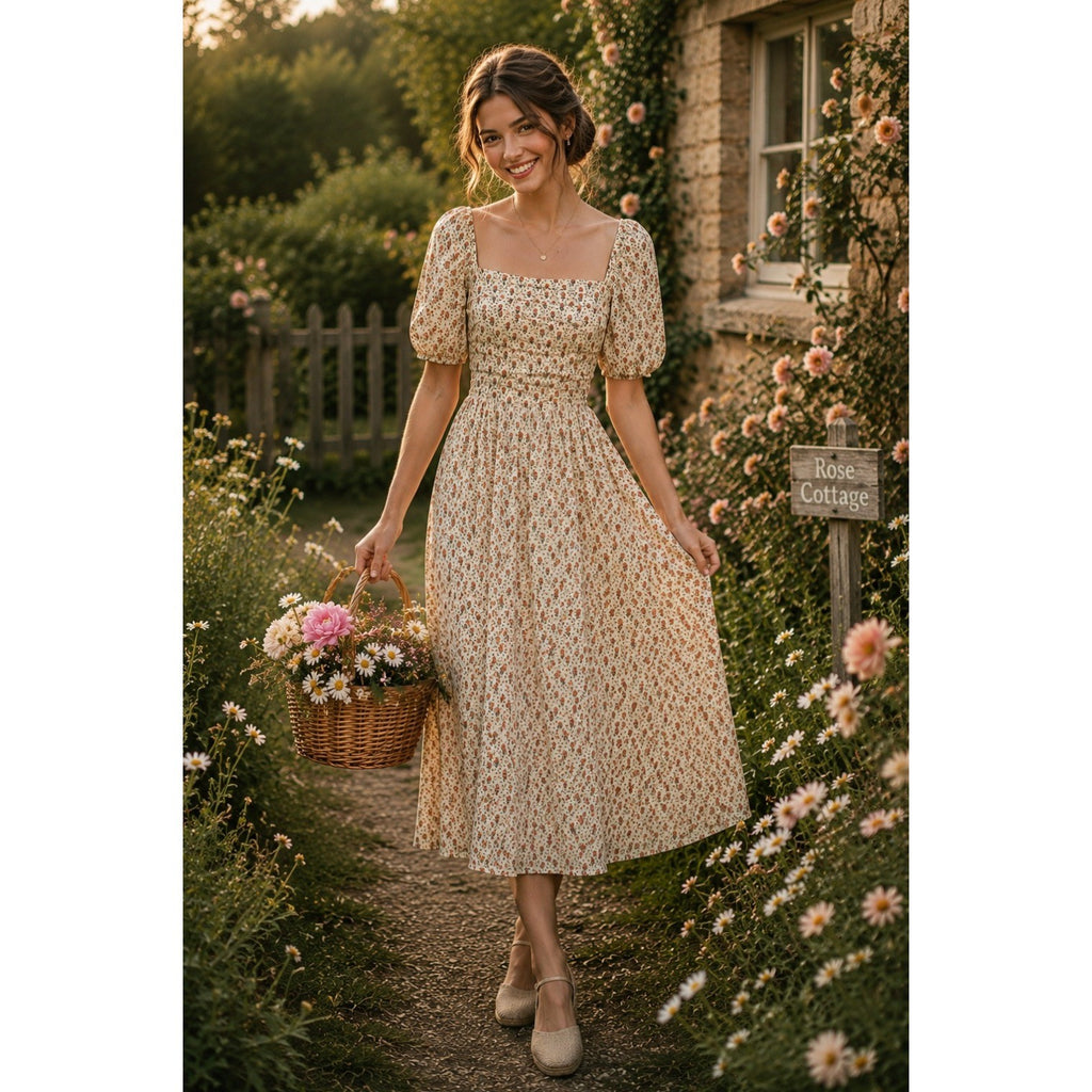 O.P.T. One Pretty Time River Smocked Floral Midi Dress Puff Sleeves X-Small