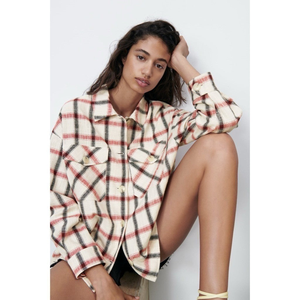 NWT!! ZARA Plaid Oversized Buttondown Shirt Red White Black Pockets Retro Small