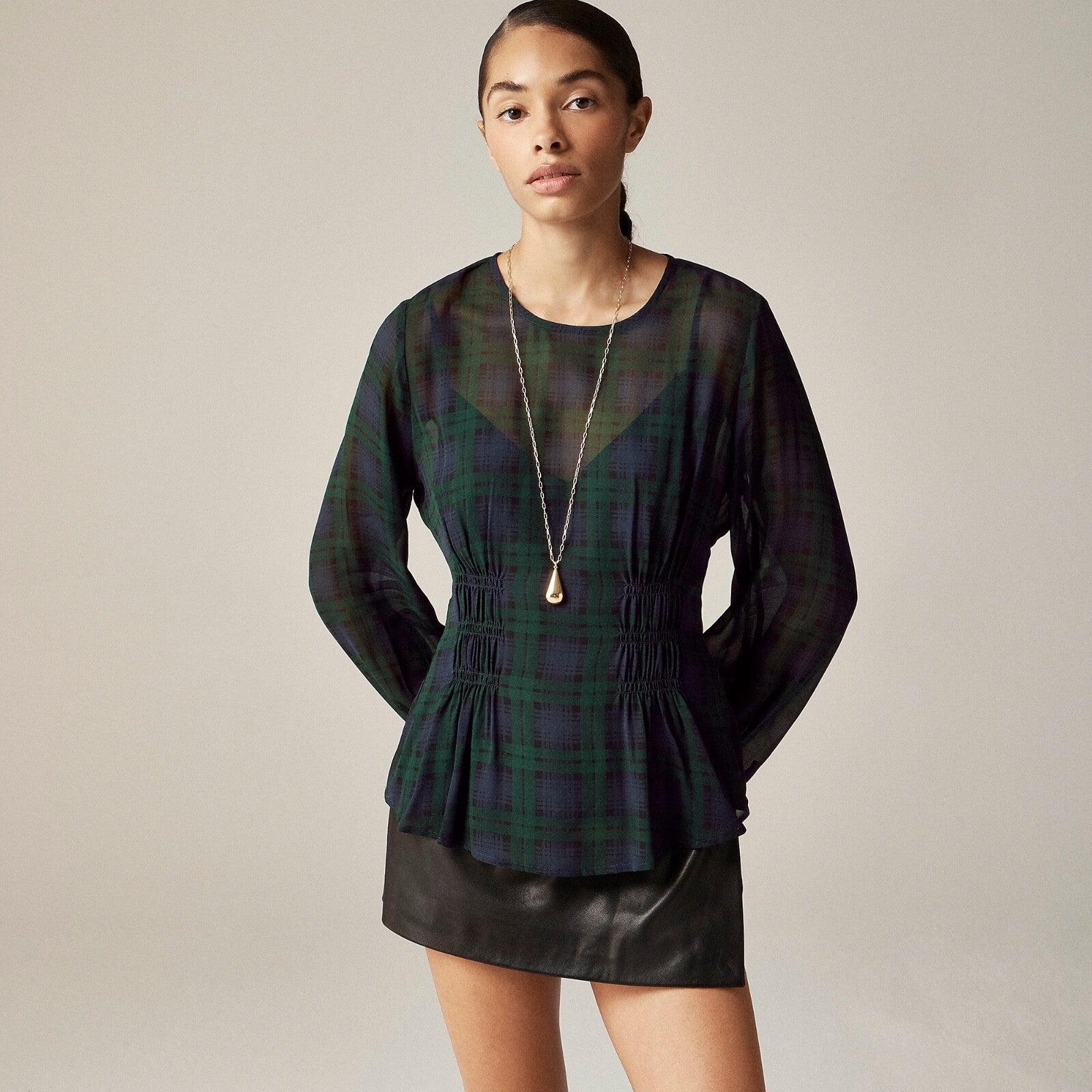 NEW!! J. CREW Chiffon Shirred-Waist Top Black Watch Tartan Plaid Copper Green 2