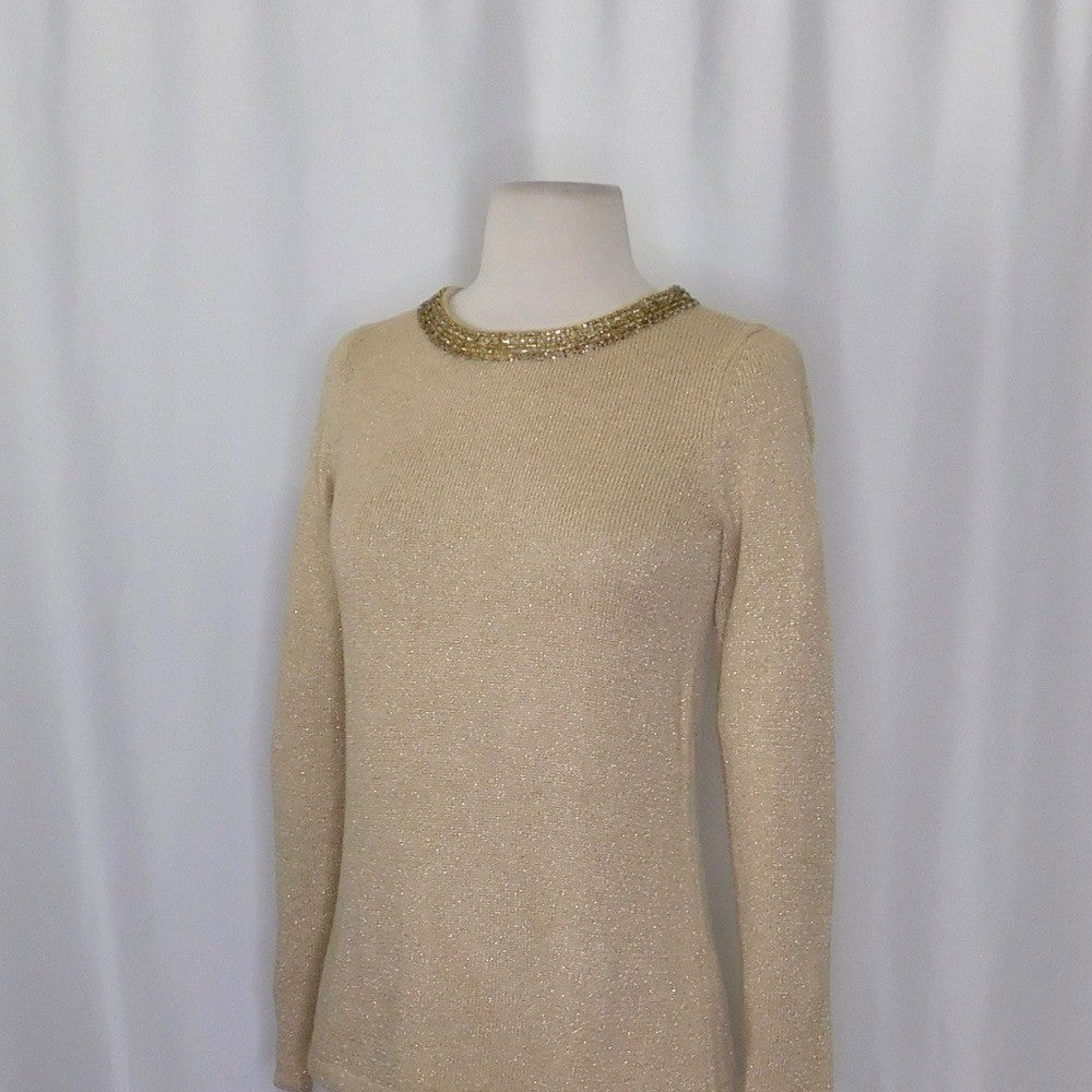J. MCLAUGHLIN Metallic Gold Beaded Neckline Pullover Sweater Beading X-Small