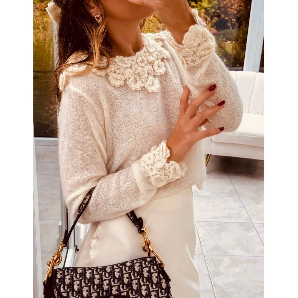 ZARA Alpaca Wool Ecru Crochet Flower Appliqué Sweater Blogger Favorite Small