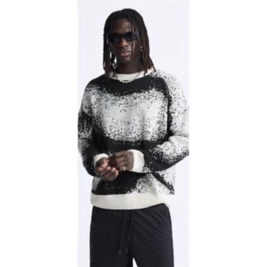 Men's ZARA Pixelated Jacquard Sweater Crewneck Crew Pullover Knit Black Medium