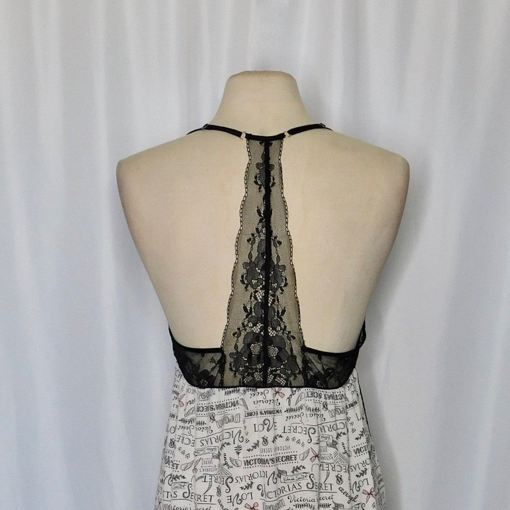 VICTORIA'S SECRET Black Floral Lace Script Print Chemise Gown Nightgown Large