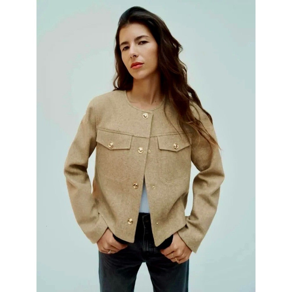 ZARA Cropped Jacket Light Brown Tan Gold Hammered Snaps Preppy Chic Small