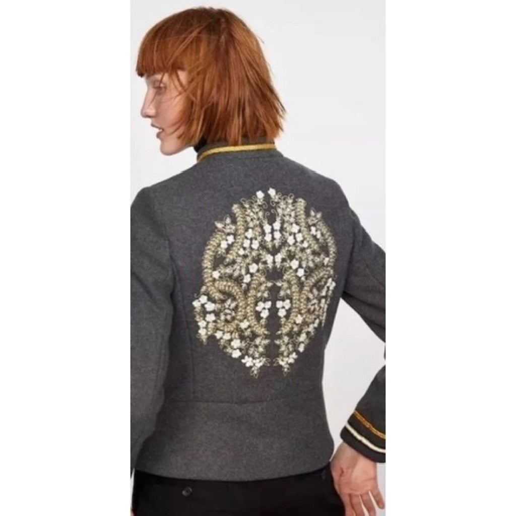 NWT!! ZARA Embroidered Military Jacket Charcoal Gray Gold Braid Buttons Large