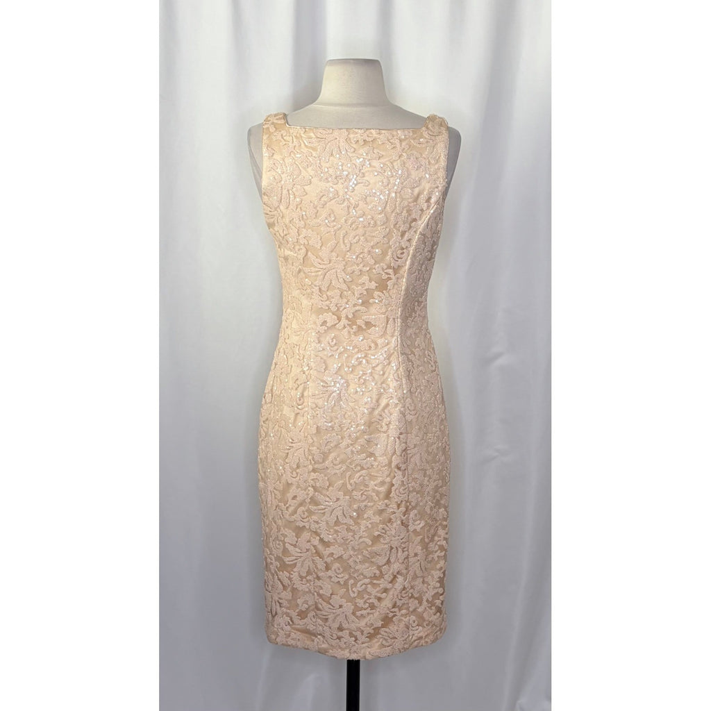 SUE WONG Nocturne Champagne Sequin Sleeveless Party Cocktail Sheath Dress Size 4