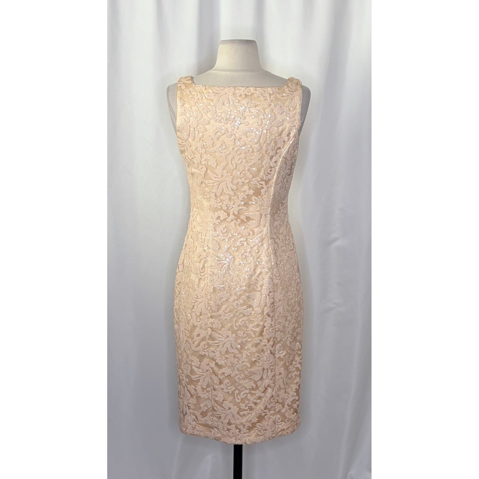 SUE WONG Nocturne Champagne Sequin Sleeveless Party Cocktail Sheath Dress Size 4