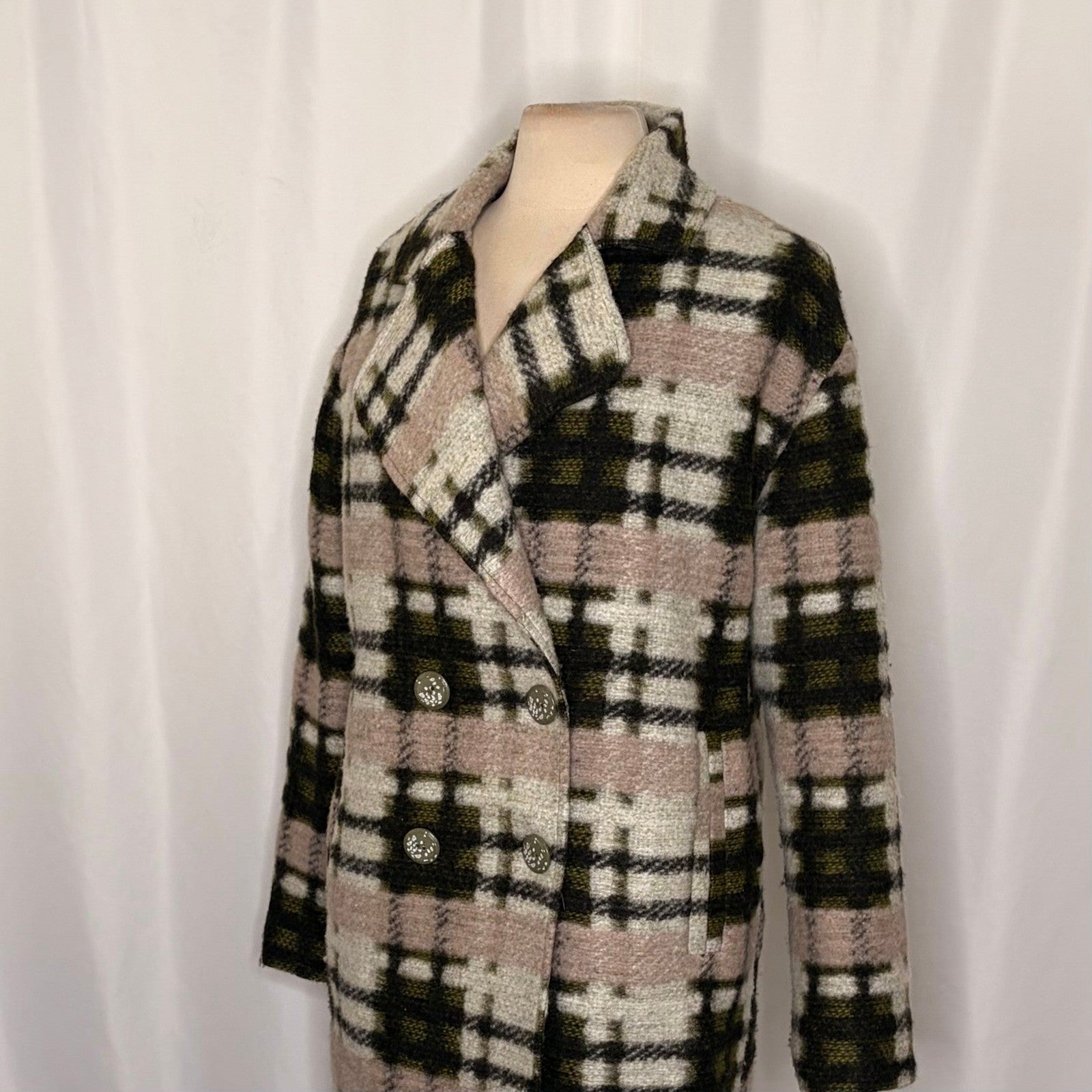 Anthropologie EVA FRANCO Dean Plaid Coat Wool Blend Pockets Double Breast Small