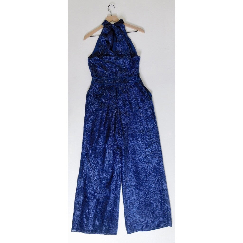 Anthropologie ELEVENSES Velvet Nova Jumpsuit Mock Neck Textured Blue Size 6