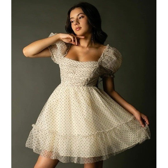 NWT!! Joyfolie MIA JOY Perla Tulle Puff Dress Polka Dots Ivory Black Medium