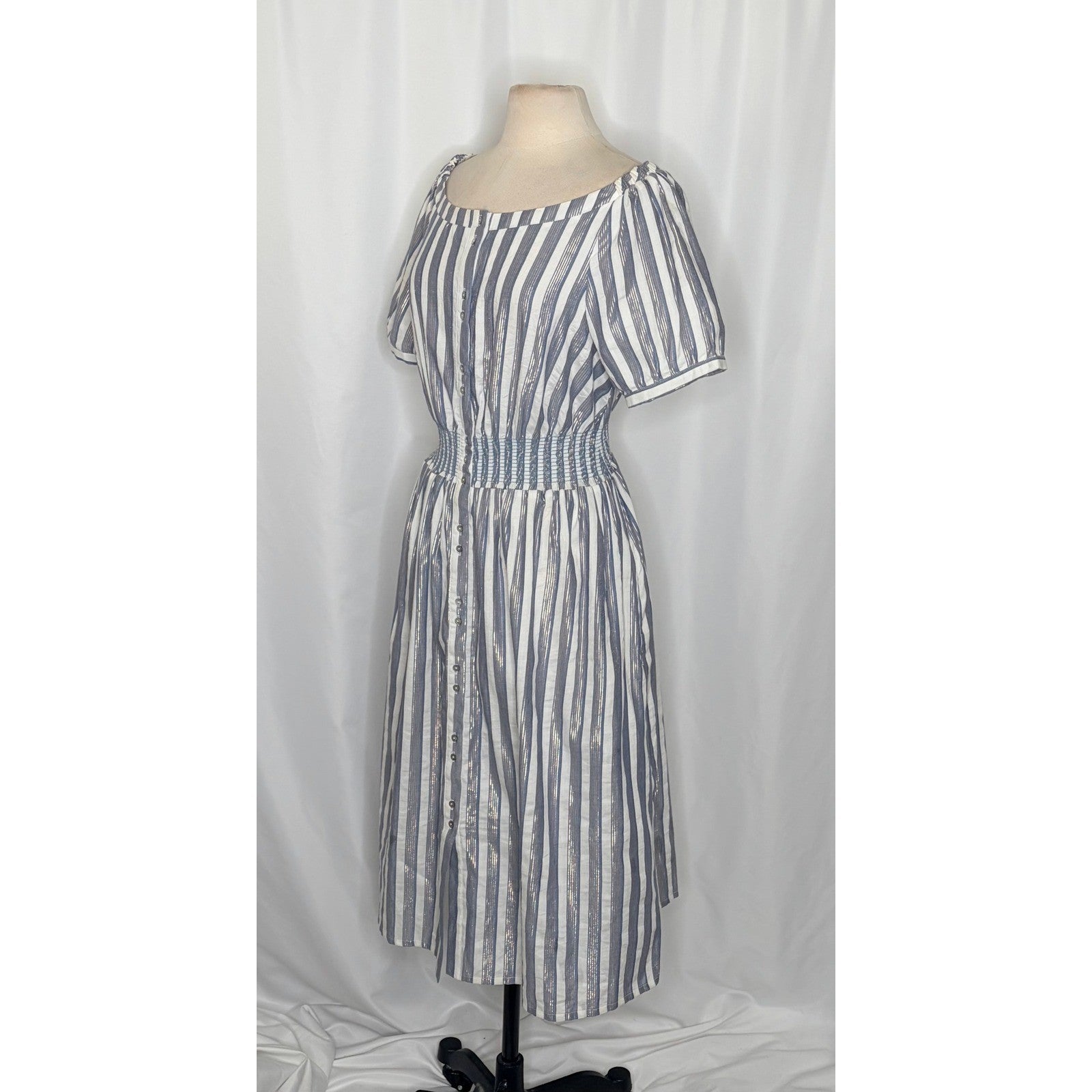 Anthropologie SEEN WORN KEPT Jenna Lurex Stripe Dress Blue White Midi Size 12