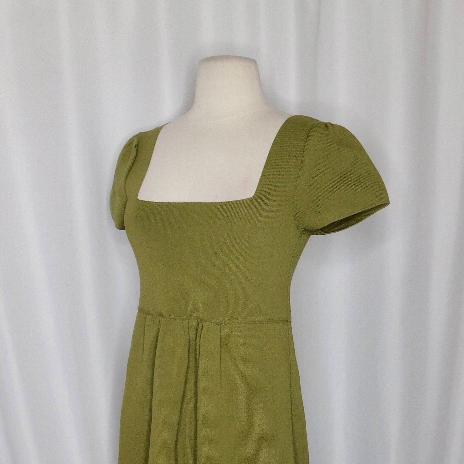 ZARA Squared Mini Babydoll Dress Puff Sleeves Solid Olive Green Knit Small