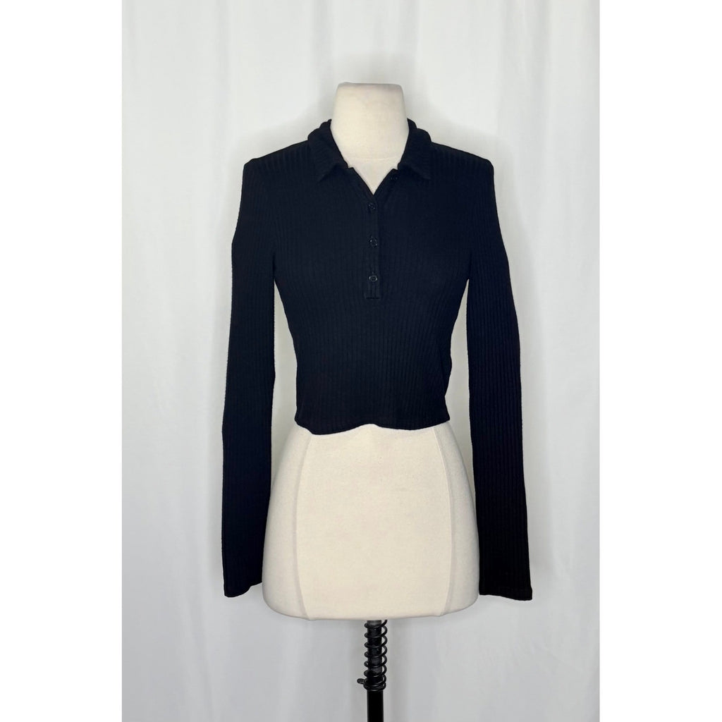 REFORMATION Rainey Crop Henley Ribbed Solid Black Cropped Collared X-Small