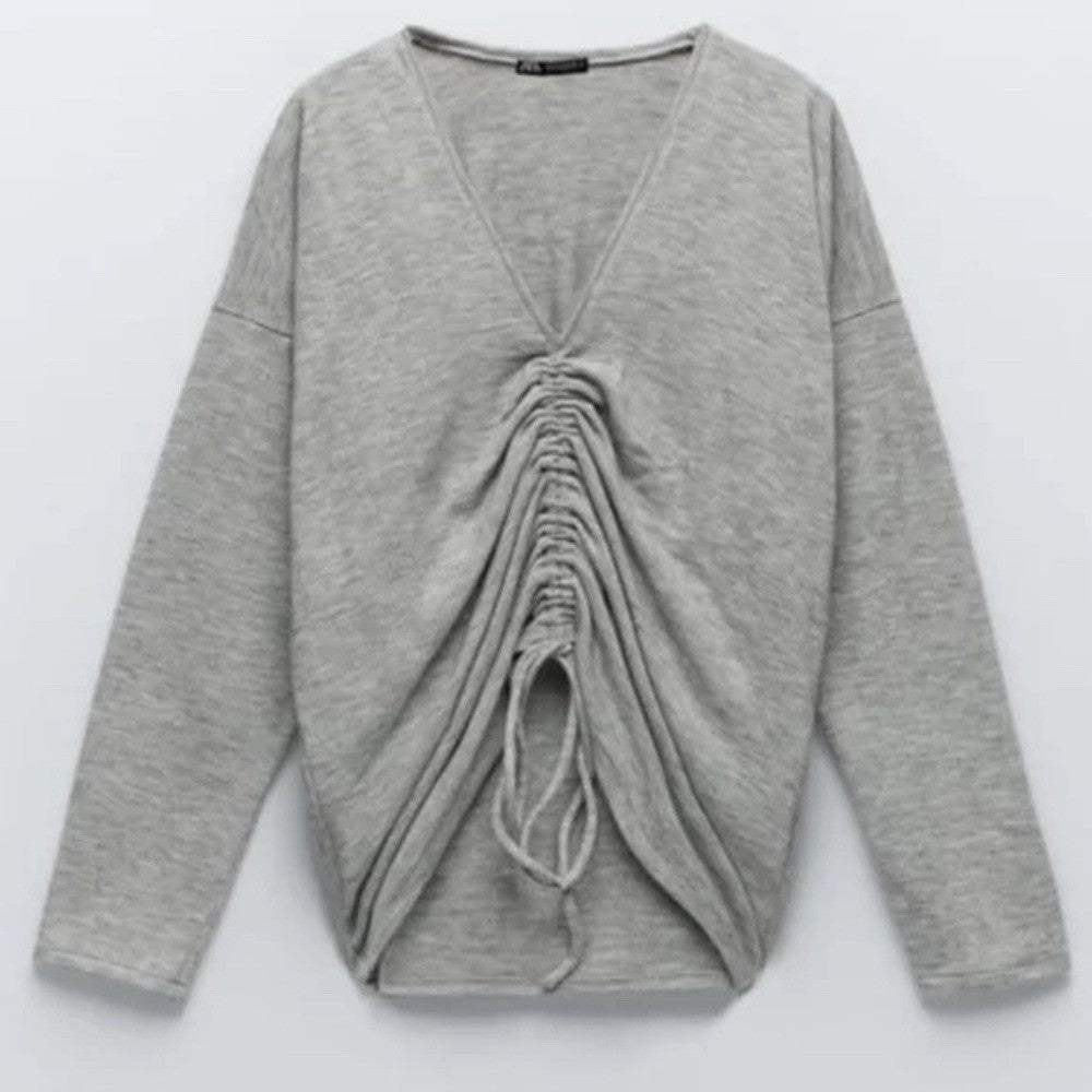 ZARA Heathered Gray Cinched Sweater V Neck Pullover Cinchable Cinched Top Large