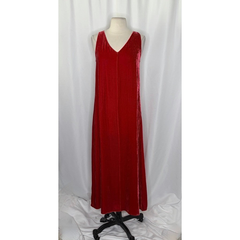 NWT!! EILEEN FISHER Red Scarlet Velvet Silk V Neck Midi Dress A-Line Preppy XXS