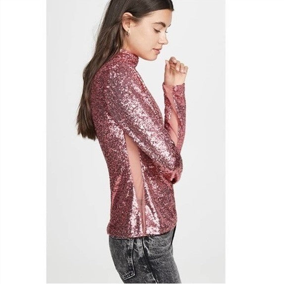 CINQ A SEPT Joan Sequin Top Blouse Rosewood Pink Mock Neck Sequinned X-Small