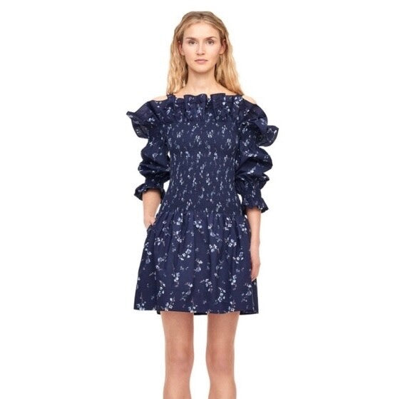 Revolve REBECCA TAYLOR Francine Off Shoulder Dress Floral Smocked Navy Blue 0