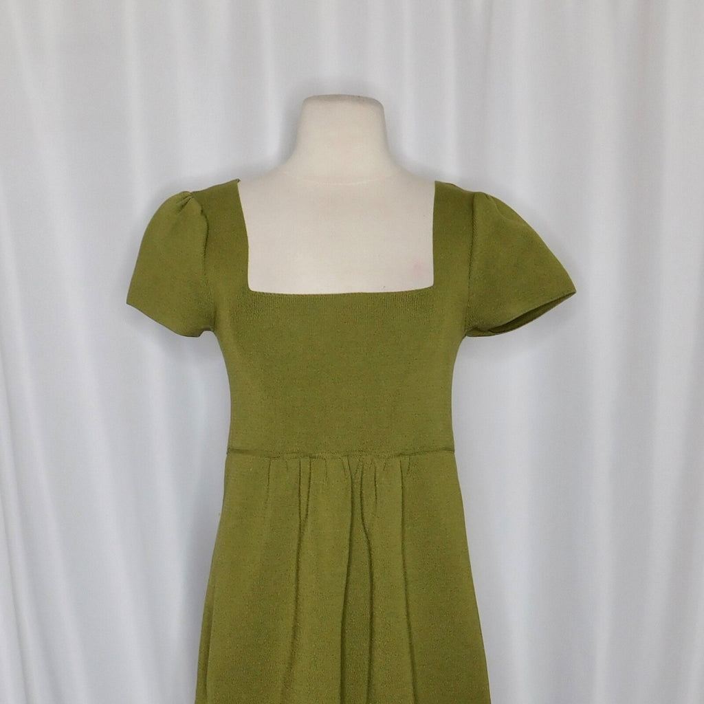 ZARA Squared Mini Babydoll Dress Puff Sleeves Solid Olive Green Knit Small