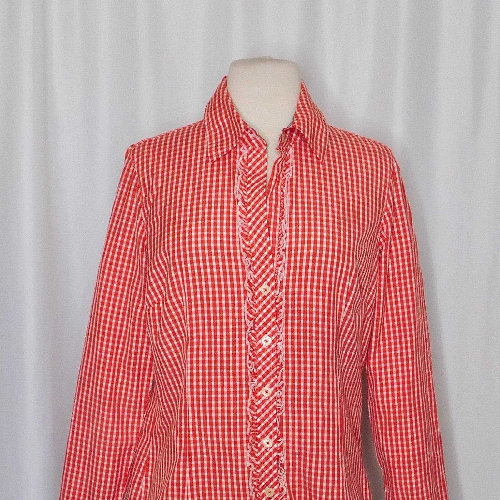 LILLY PULITZER Red White Blue Gingham Plaid Ruffled Buttondown Top Blouse Size 6