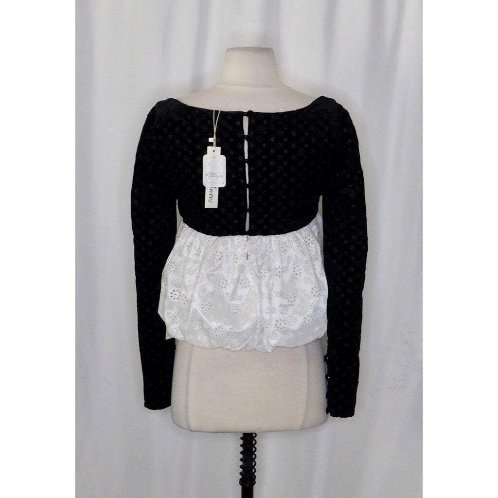 NWT!! FOR LOVE AND LEMONS Elisa Long Sleeve Top Black Velvet Taffeta Eyelet XS