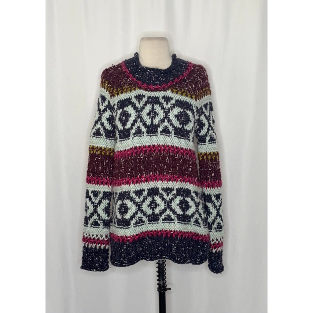 FREE PEOPLE Silver Reed Chunky Knit Fairisle Fair Isle Sweater Wool Linen Small