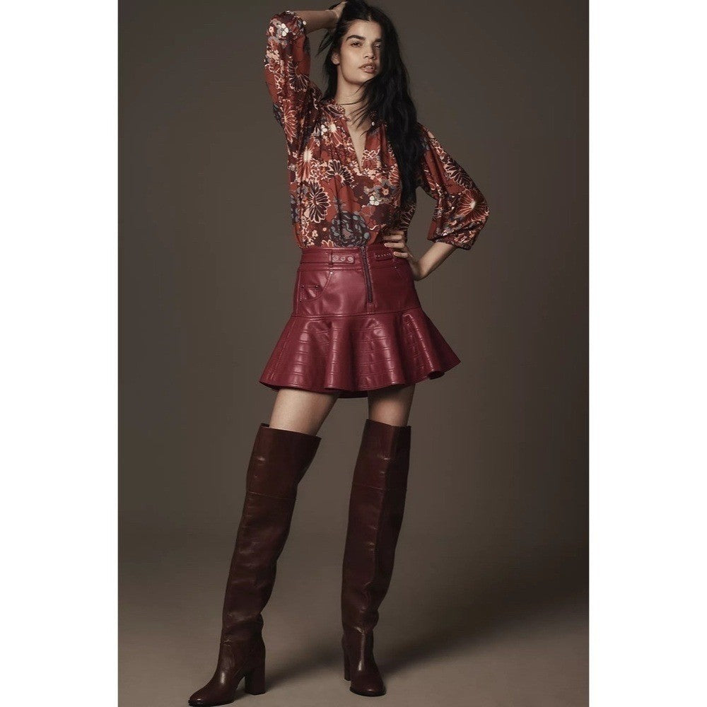 NWT!! Anthropologie PILCRO Fit-and-Flare Faux Leather Mini Skirt Wine Moto 12