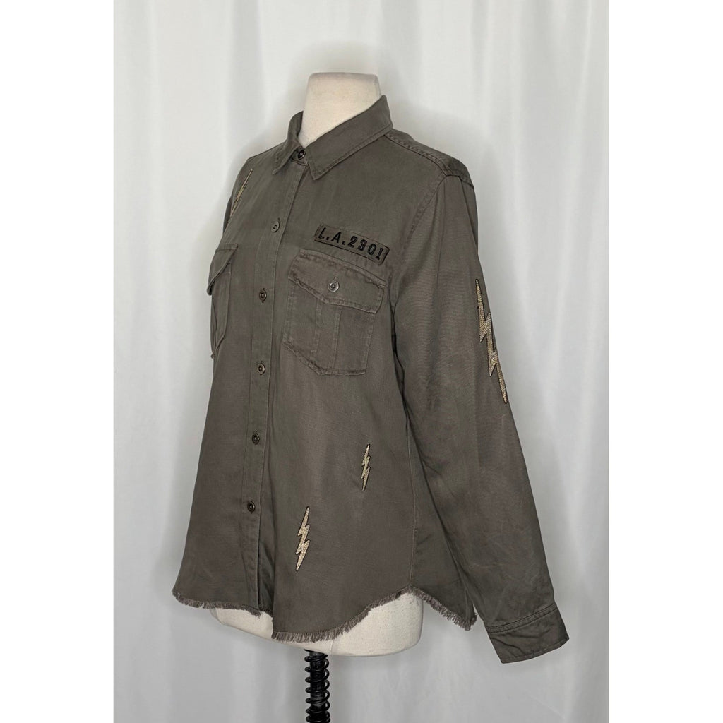 RAILS Loren Olive Lightning Bolts Buttondown Military Style Jacket Top Medium