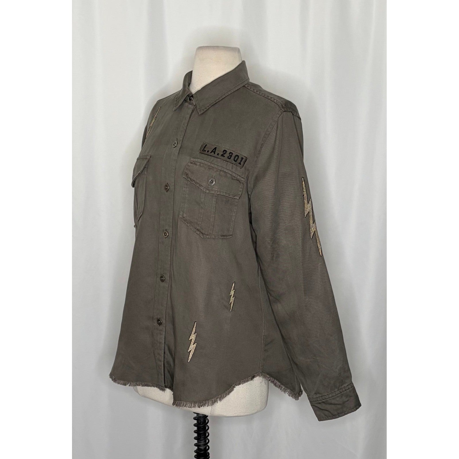 RAILS Loren Olive Lightning Bolts Buttondown Military Style Jacket Top Medium