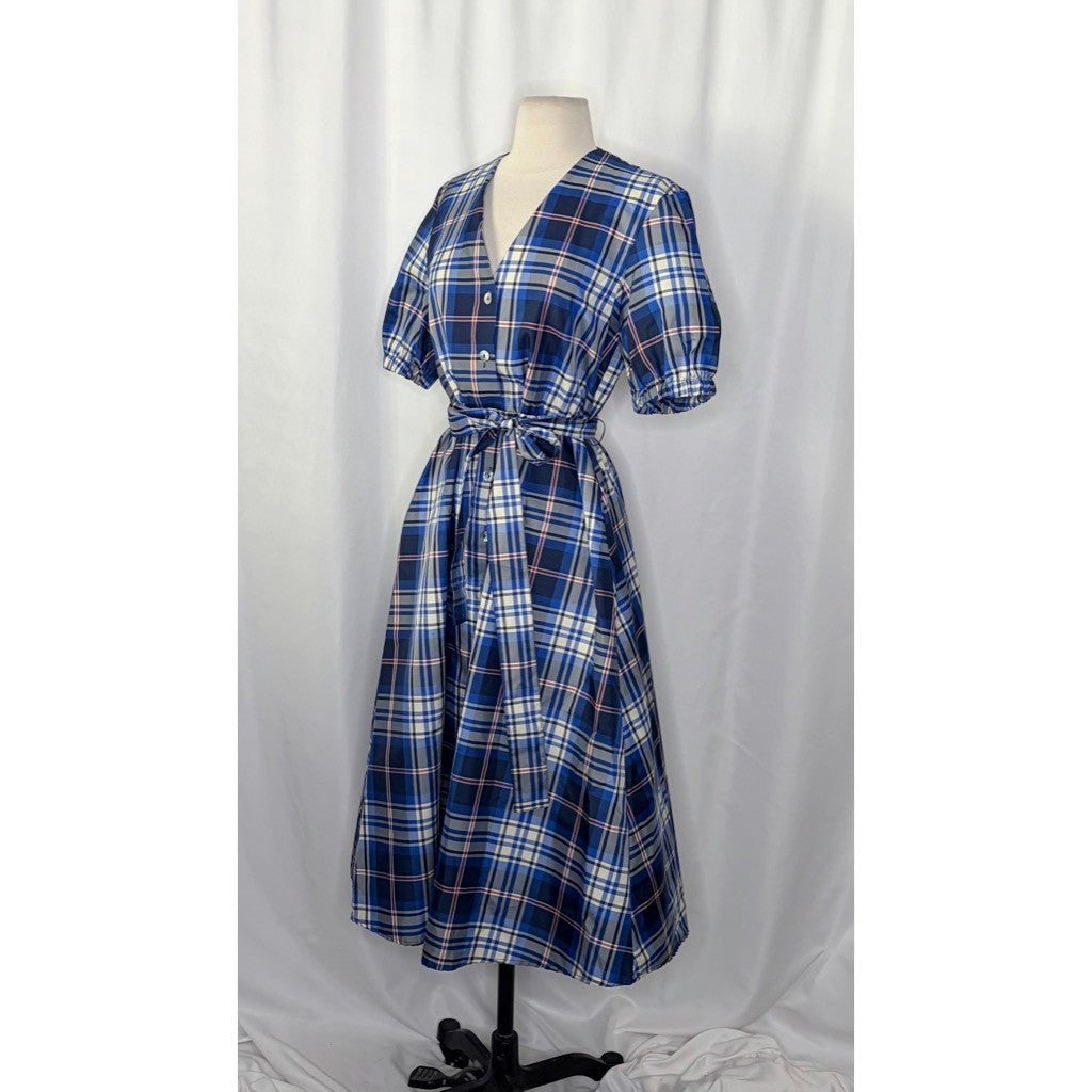 ZARA Blue Plaid Taffeta Dress Belted Tie Waist Midi Buttondown Preppy Small