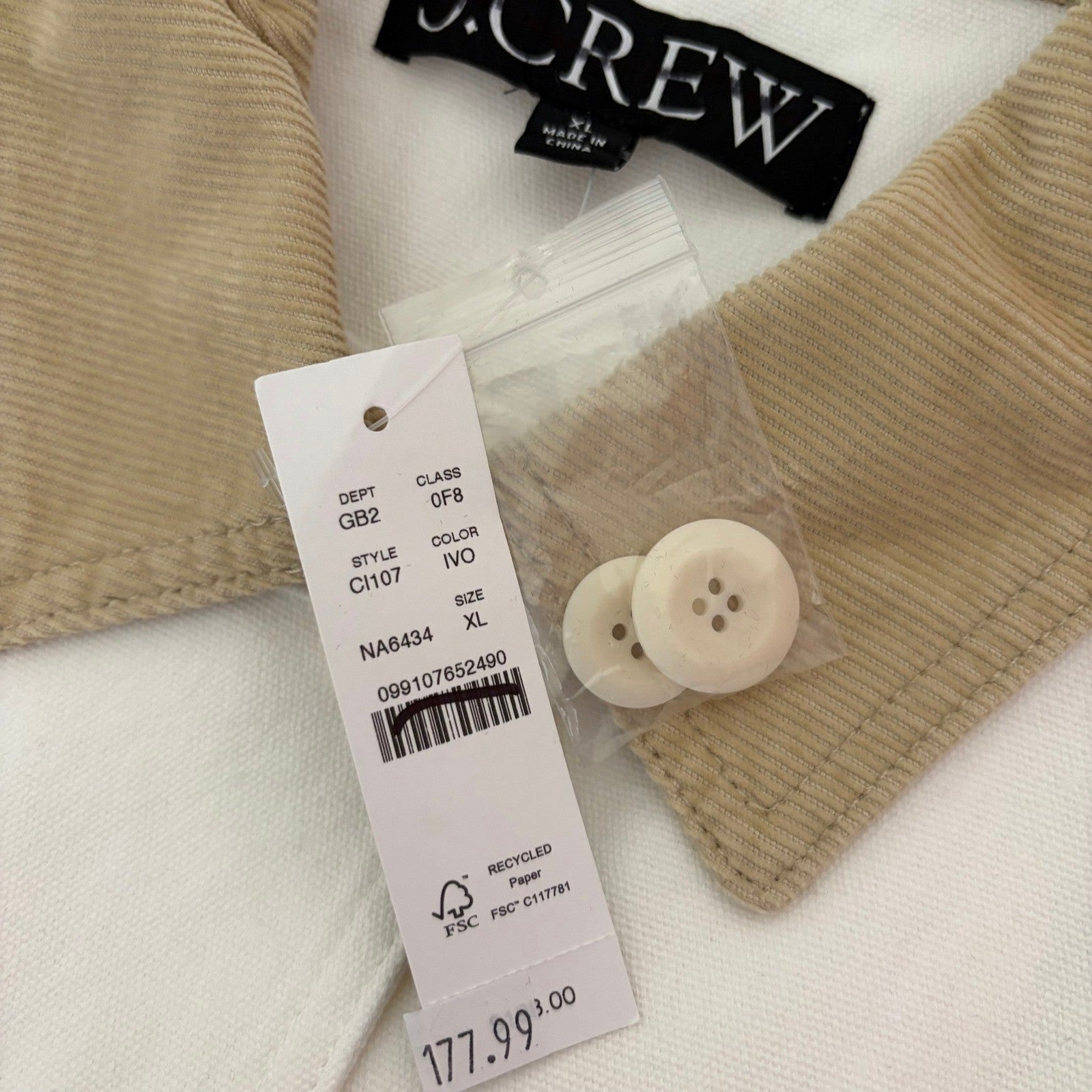 NWT!! J. CREW Barn Jacket Canvas Ivory Corduroy Collar Pockets Outdoors X-Large