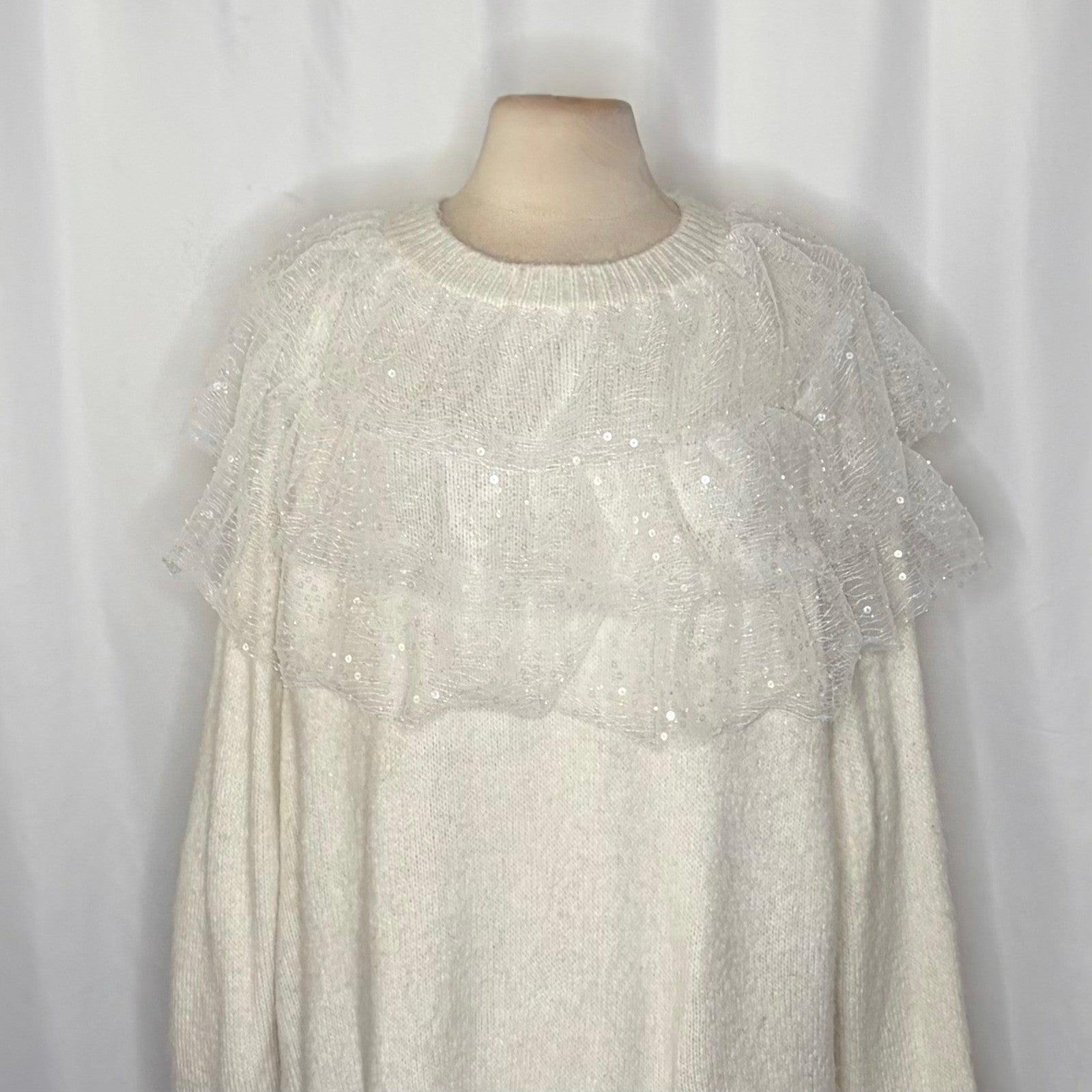 NWT!! ZARA Chic Tulle Ruffled Sequins Knit Sweater Off White Pullover Medium