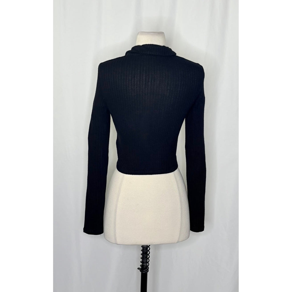 REFORMATION Rainey Crop Henley Ribbed Solid Black Cropped Collared X-Small
