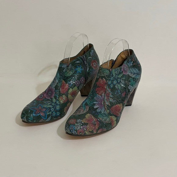 CALLEEN CORDERO Leather Green Floral Print Ankle Boots Booties Chunky Heels 9.5