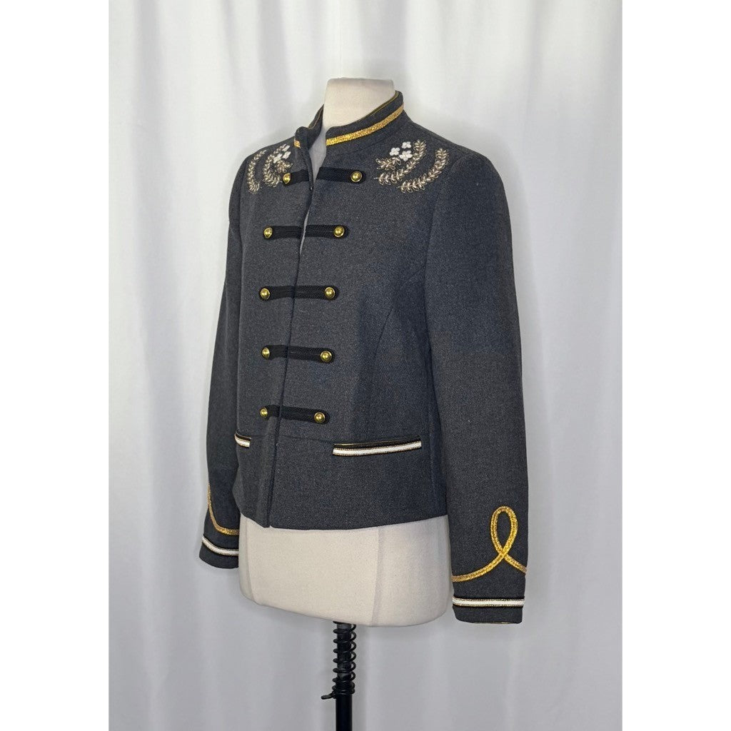 NWT!! ZARA Embroidered Military Jacket Charcoal Gray Gold Braid Buttons Large