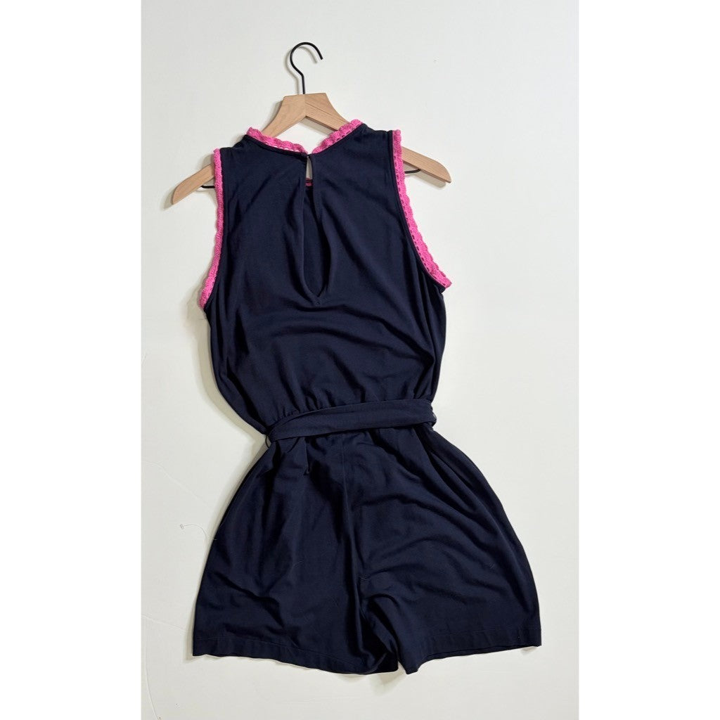 BODEN Caitlin Jersey Knit Romper Playsuit Crochet Trims Navy Blue Pink 8 Tall
