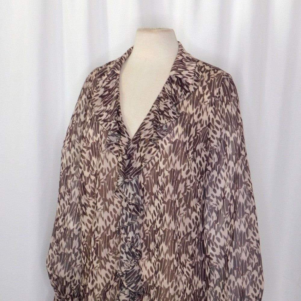TED BAKER Bertei V Neck Ruffle Blouse Top Brown Abstract Chic Size 6 / US 14