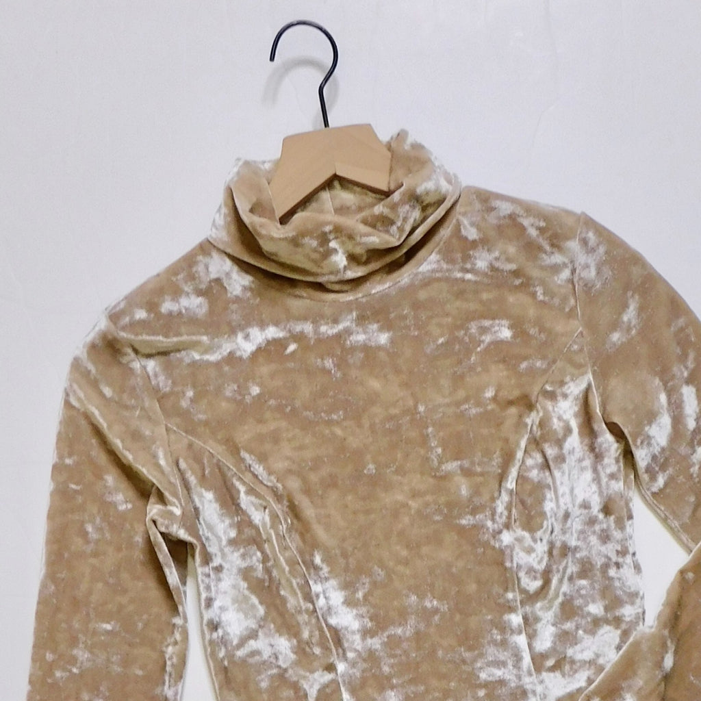 ZARA Velvet High Neck Bodysuit Top Champagne Ecru Fitted Snaps Party X-Small