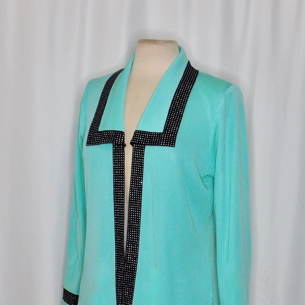 MING WANG Seafoam Green Black Studded Embellished Cardigan Sweater Medium